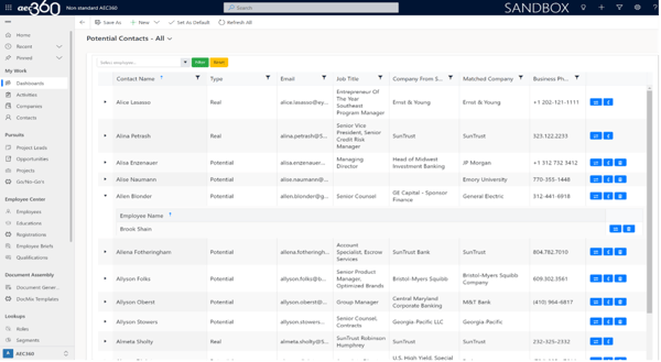 A screen shot of the contact creation and modification features in aec360 CRM