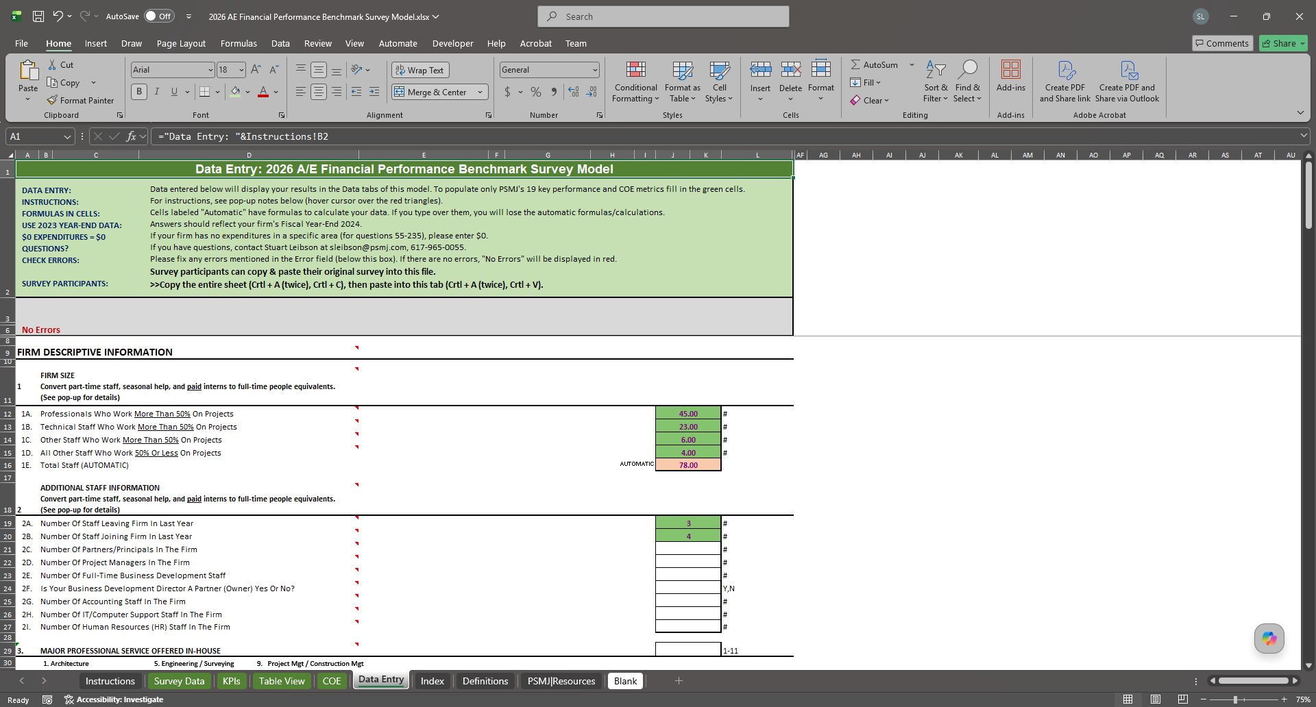 Data entry interface of the financial performance benchmark model