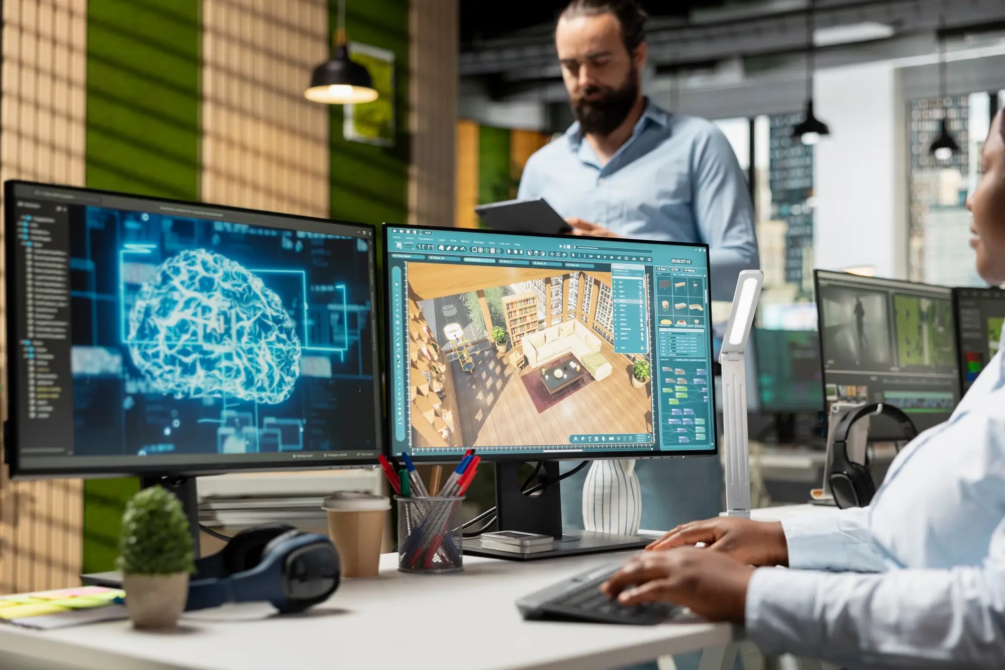 Designer working on a 3D rendering of an AI brain graphic