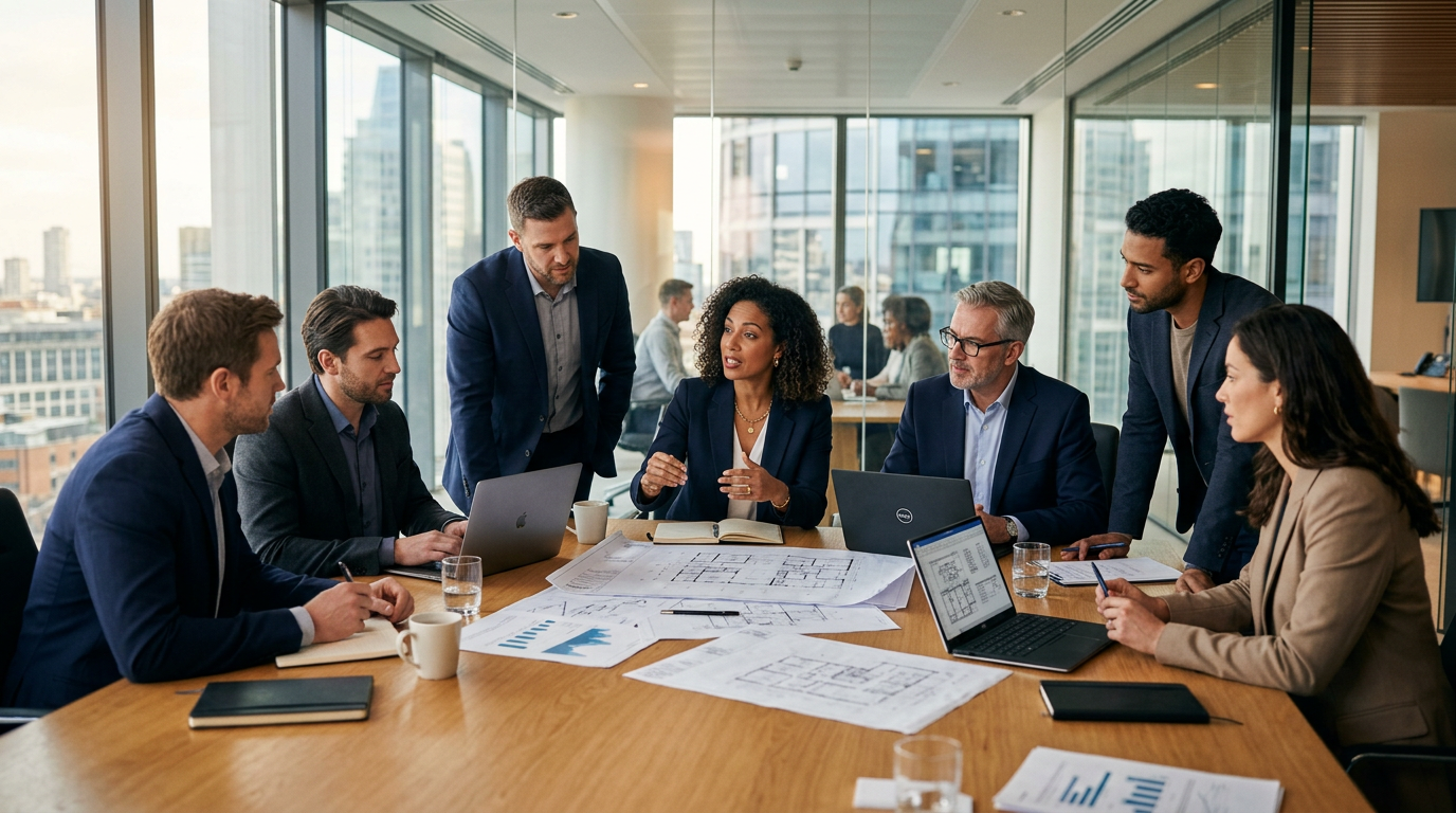 AEC firm leaders collaborating on a strategic plan around a conference table